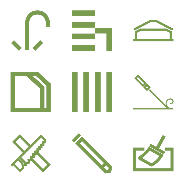 Nine green line icons for kitchens, extensions, new builds, wardrobes, renovations and tools