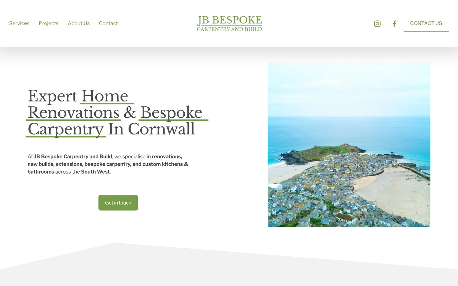 The JB Bespoke Carpentry and Build homepage: a serif headline about home renovations in Cornwall beside an aerial photo of St Ives