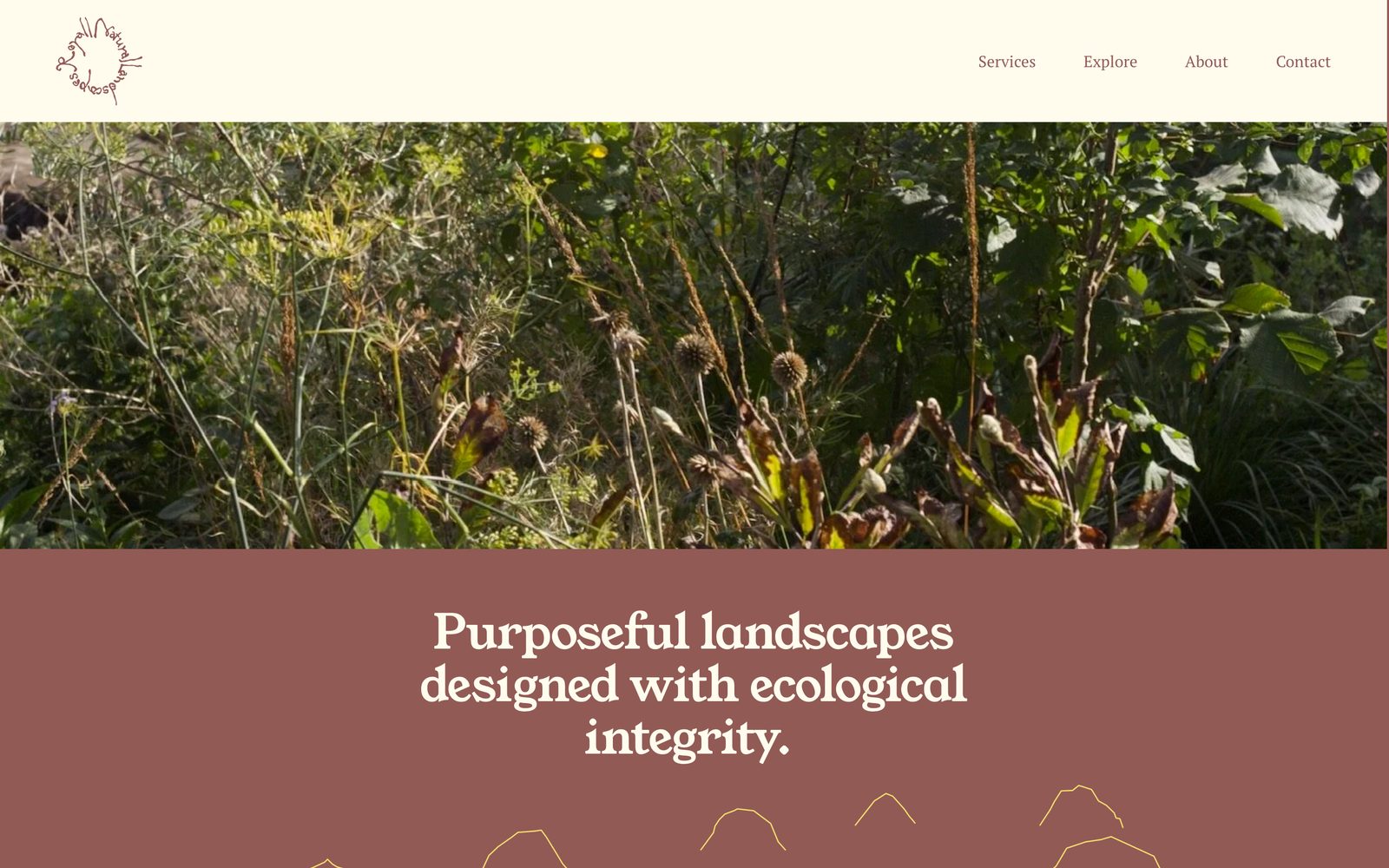 The Royall Natural Landscapes homepage: a wild planting photo above the line Purposeful landscapes designed with ecological integrity, on burgundy